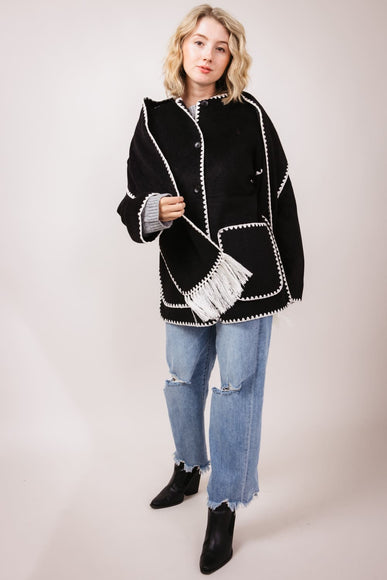 Elan Blanket Stitch Jacket with Detachable Scarf for Women in Black