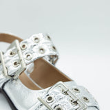  Soda Grillo Buckle Sling Flats for Women in Silver 