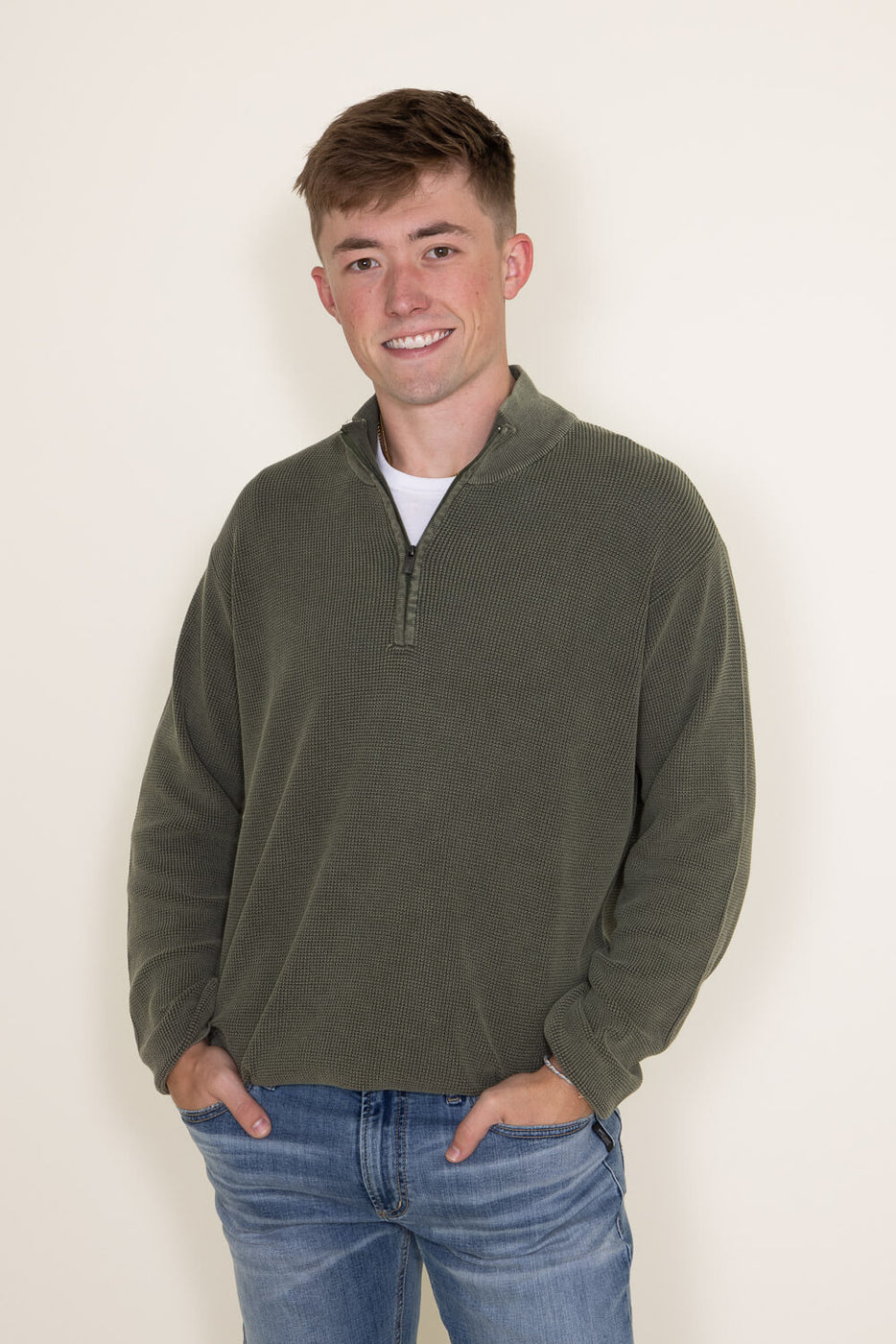 Sand Washed ¼ Zip Sweater for Men in Green | 9050-OLIVE – Glik's