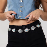 Oval Turquoise Concho Chain Belt for Women in Silver