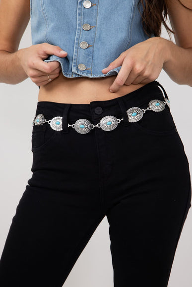 Oval Turquoise Concho Chain Belt for Women in Silver