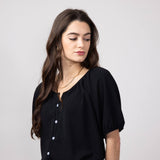 Chris & Carol Button Front Puff Sleeve Shirt for Women in Black