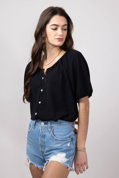 Chris & Carol Button Front Puff Sleeve Shirt for Women in Black