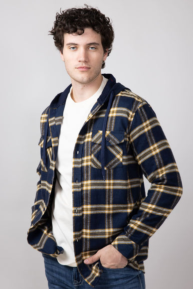 Hooded Plaid Flannel Shirt for Men in Navy