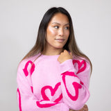 Long Sleeve Pink Hearted Sweater for Women in Pink 