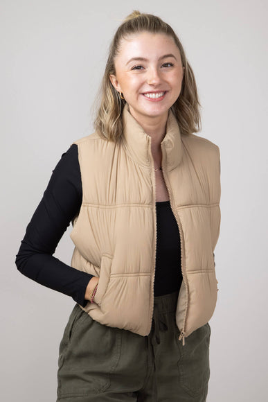 Love Tree Crinkle Puffer Vest for Women in Khaki