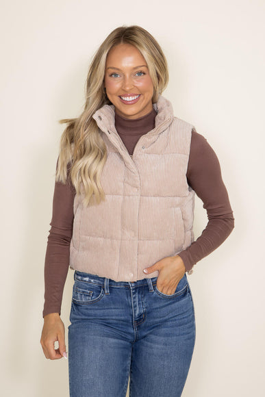 Love Tree Cropped Corduroy Puffer Vest for Women in Khaki