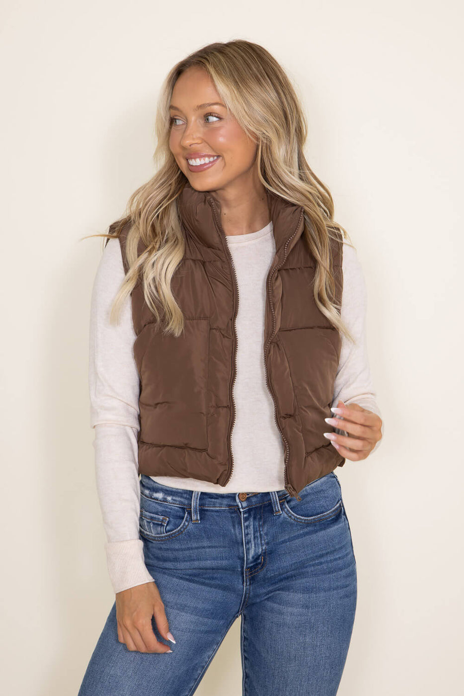 Love Tree Faux Leather Cropped Puffer Vest for Women in Brown