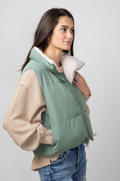 Love Tree Cropped Reversible Puffer Vest for Women in Olive/Beige 