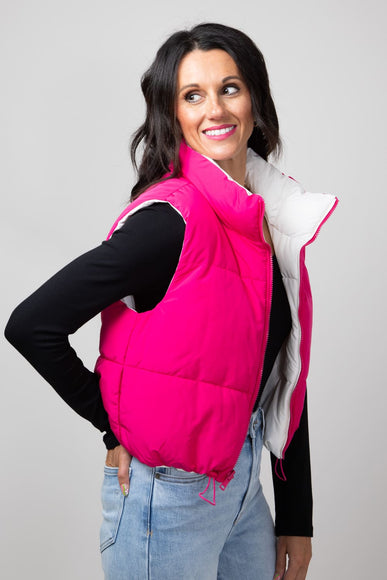 Love Tree Cropped Reversible Puffer Vest for Women in White/Fuchsia