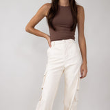 Love Tree Pleather Cargo Pants for Women in Ivory