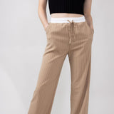 Love Tree Stripe Drawstring Trouser Pants for Women in Khaki