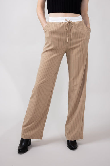 Love Tree Stripe Drawstring Trouser Pants for Women in Khaki