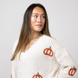 Pumpkin Patch V-Neck Frayed Sweater for Women in Ivory