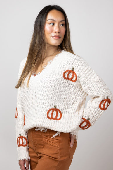 Pumpkin Patch V-Neck Frayed Sweater for Women in Ivory