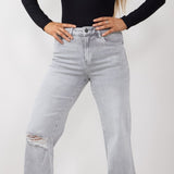 Mica High Rise Wide Leg Raw Hem Jeans for Women in Grey