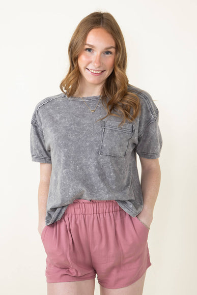 Mineral Wash Knit T-Shirt for Women in Charcoal