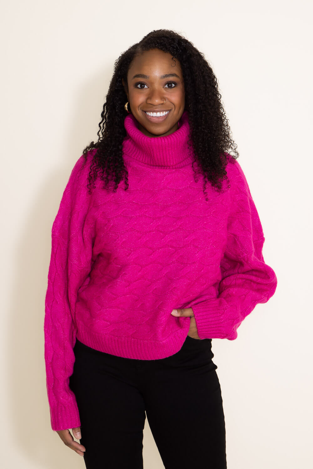 Miracle Braid Knit Turtleneck Cropped Sweater for Women in Pink