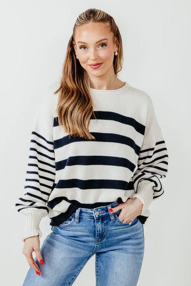 Navy Striped Sweater for Women in Ivory