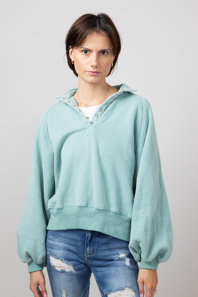 Snap Button Collared Fleece for Women in Sage