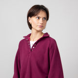 Snap Button Collared Fleece for Women in Burgundy