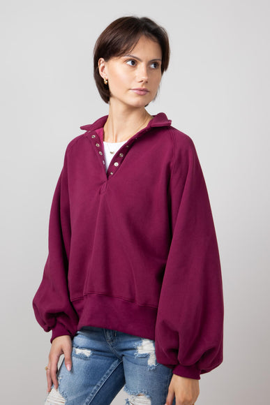 Snap Button Collared Fleece for Women in Burgundy