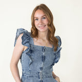 Ruffle Shoulder Denim Romper for Women in Denim