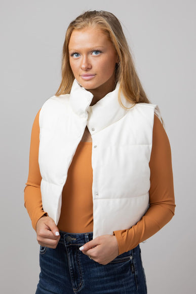 Simply Southern Faux Leather Cropped Puffer Vest for Women in Ivory