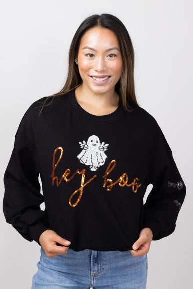 Simply Southern Sequin Hey Boo Ghost Crewneck Sweatshirt for Women in Black 