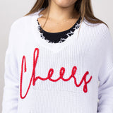 Simply Southern Cheers Distressed V-Neck Sweater for Women in White