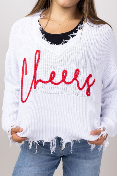 Simply Southern Cheers Distressed V-Neck Sweater for Women in White