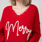 Simply Southern Knit V-Neck Merry Distressed Sweater for Women in Red