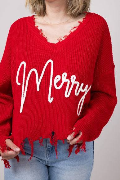 Simply Southern Knit V-Neck Merry Distressed Sweater for Women in Red