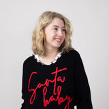 Simply Southern Knit V-Neck Santa Baby Distressed Sweater for Women in Black