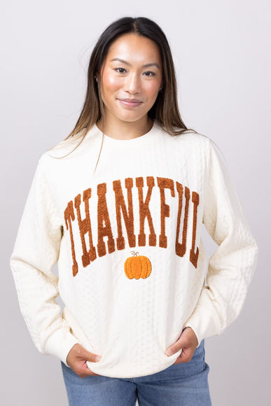 Simply Southern Braided Crewneck Thankful Sweater for Women in Cream