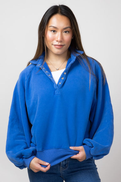 Snap Button Collared Fleece for Women in Cobalt