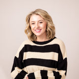 La Miel Striped Waffle Knit Loose Fit Sweater for Women in Black/Cream