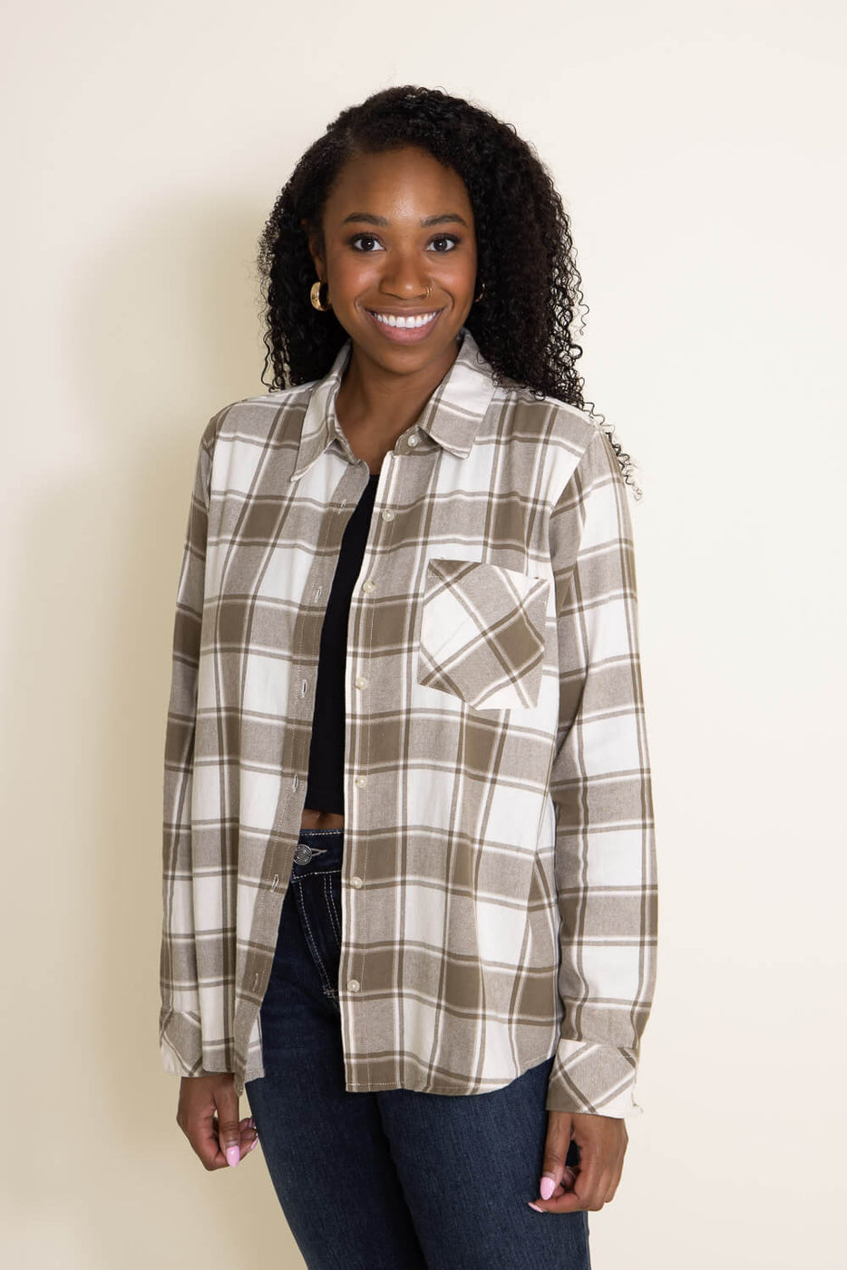 Thread & Supply Flannel Plaid Shirt for Women in White and Sage