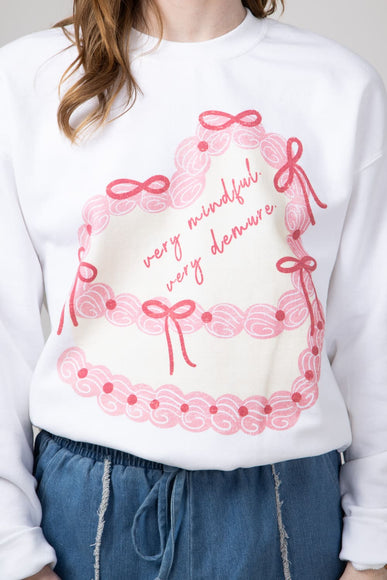 Very Mindful Very Demure Cake Oversized Graphic Sweatshirt for Women in White