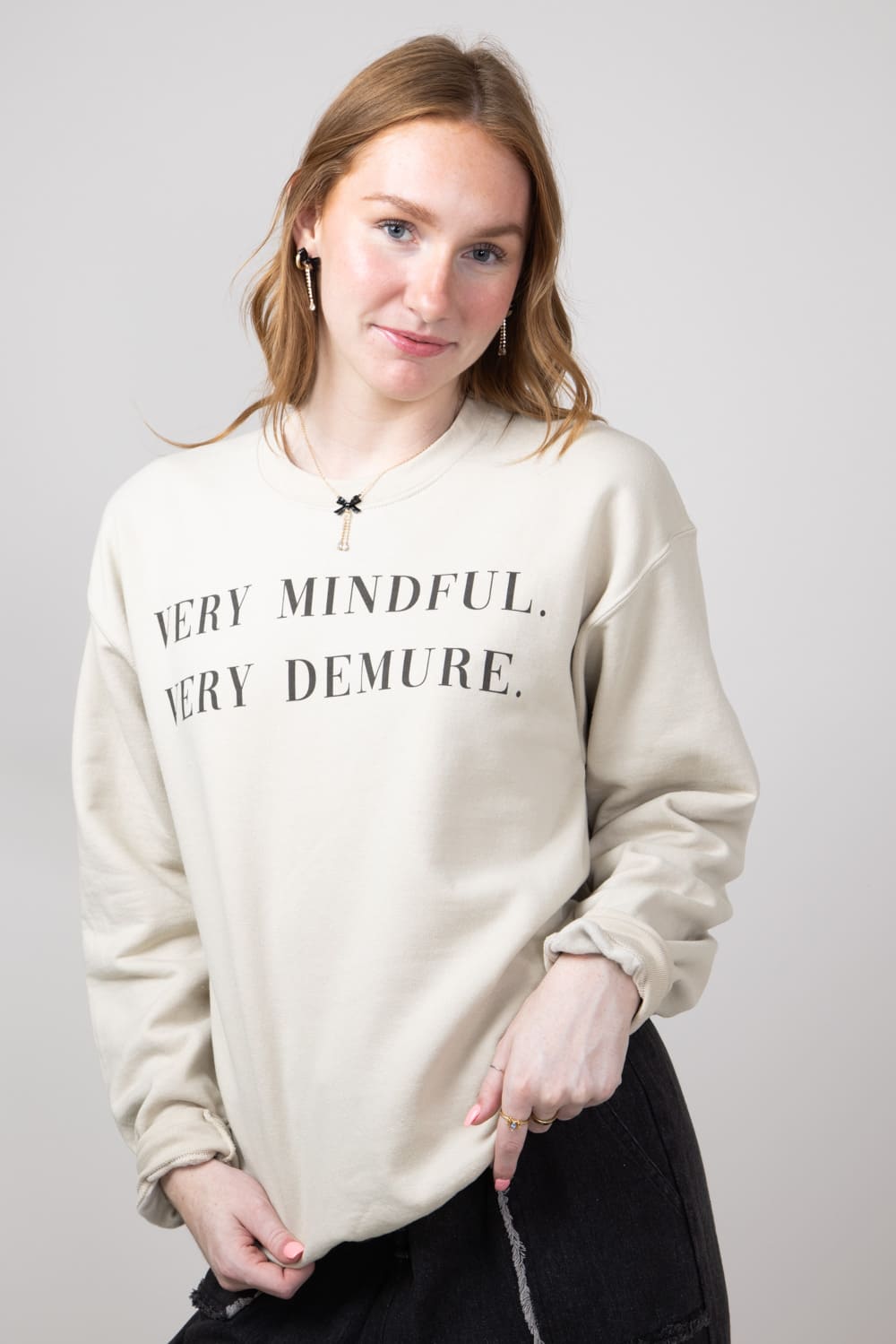 WKNDR Very Mindful Very Demure Oversized Graphic Sweatshirt for Women in Sand at Glik s M L