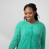 Washed Baby Waffle Oversized Knit Shirt for Women in K Green