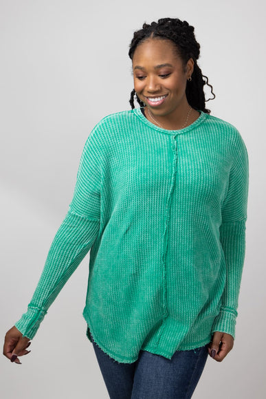 Washed Baby Waffle Oversized Knit Shirt for Women in K Green