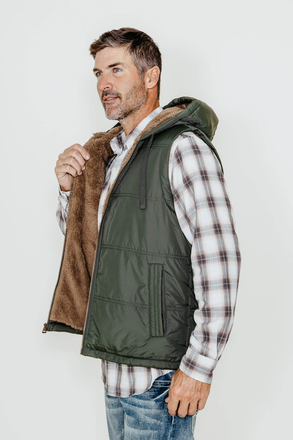 Weatherproof Vintage Sherpa Lined Puffer Vest for Men in Deep Olive