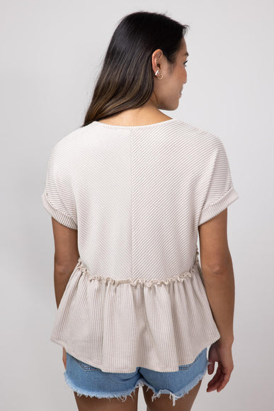 Urban Ribbed Knit V-Neck Peplum Top for Women in Oat