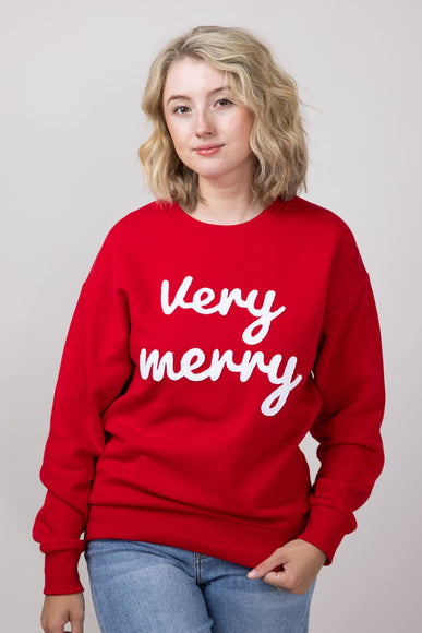 1897 Active Very Merry Patch Embroidered Fleece Sweatshirt for Women in Red