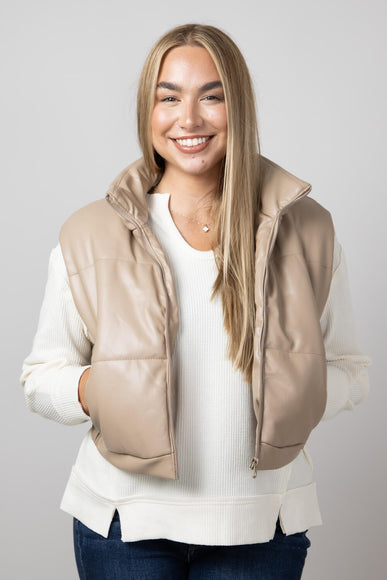 Cropped Faux Leather Puffer Vest for Women in Taupe