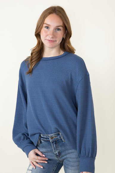 Blu Pepper Crewneck Ribbed Knit Shirt for Women in Denim