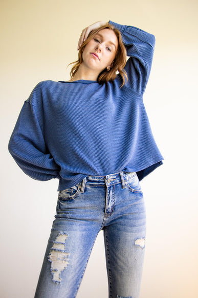 Blu Pepper Crewneck Ribbed Knit Shirt for Women in Denim