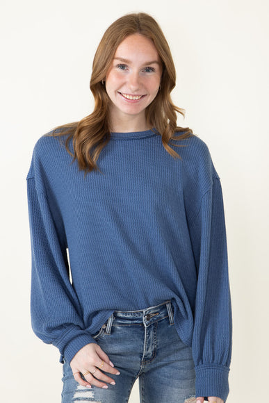 Blu Pepper Crewneck Ribbed Knit Shirt for Women in Denim