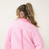 Bucketlist French Terry Fleece Button Up Sweater for Women in Neon Pink 